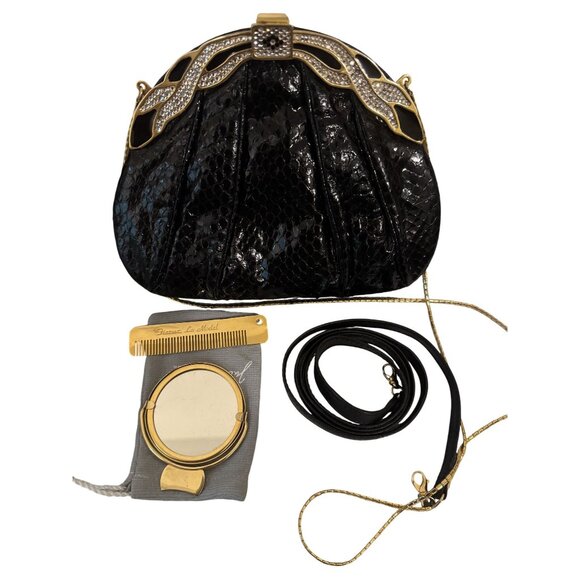 Vintage Finesse La Model Black Snakeskin Rhinestone Convertible Clutch Handbag - Picture 1 of 15